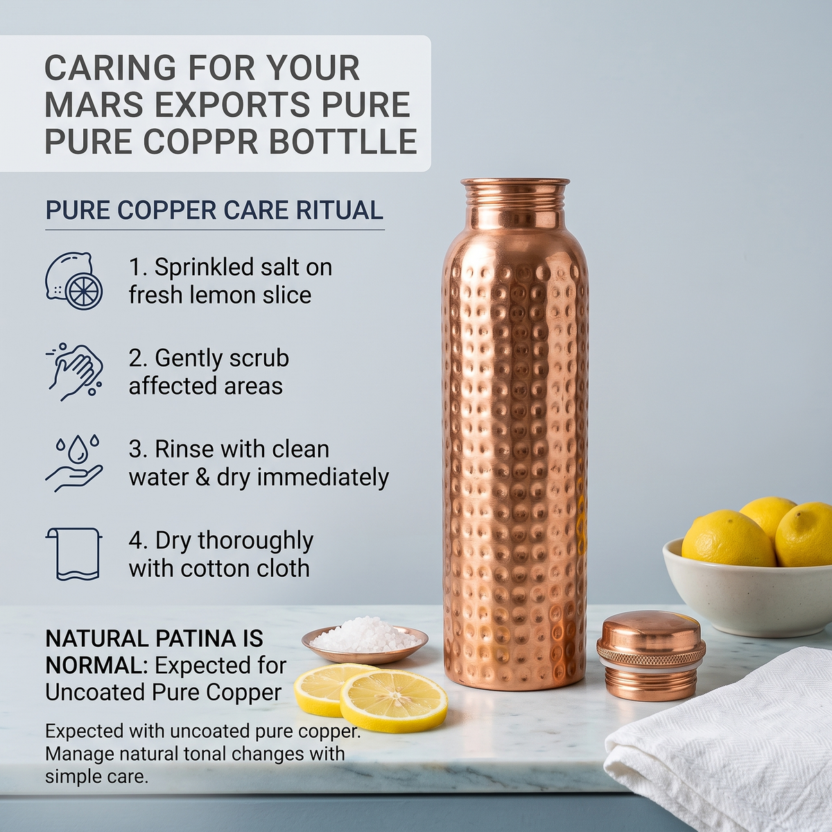 Full Hammered Copper Bottle with Canvas Carry Bag and Copper Straw – 950 ml / 32 oz