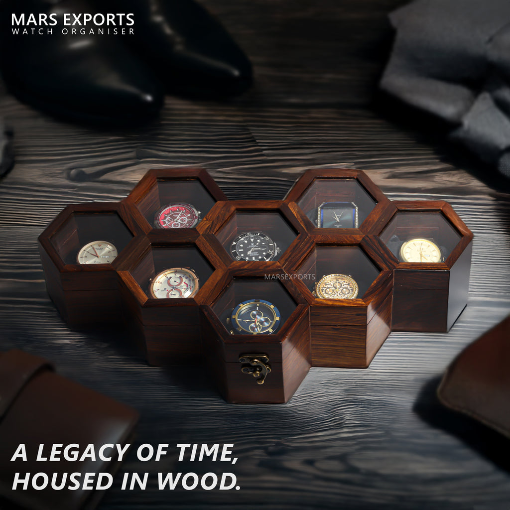 8 Slot Wooden Watch Display Case – Honeycomb Watch Organizer with Clear Covers & Soft Cushions, Brown