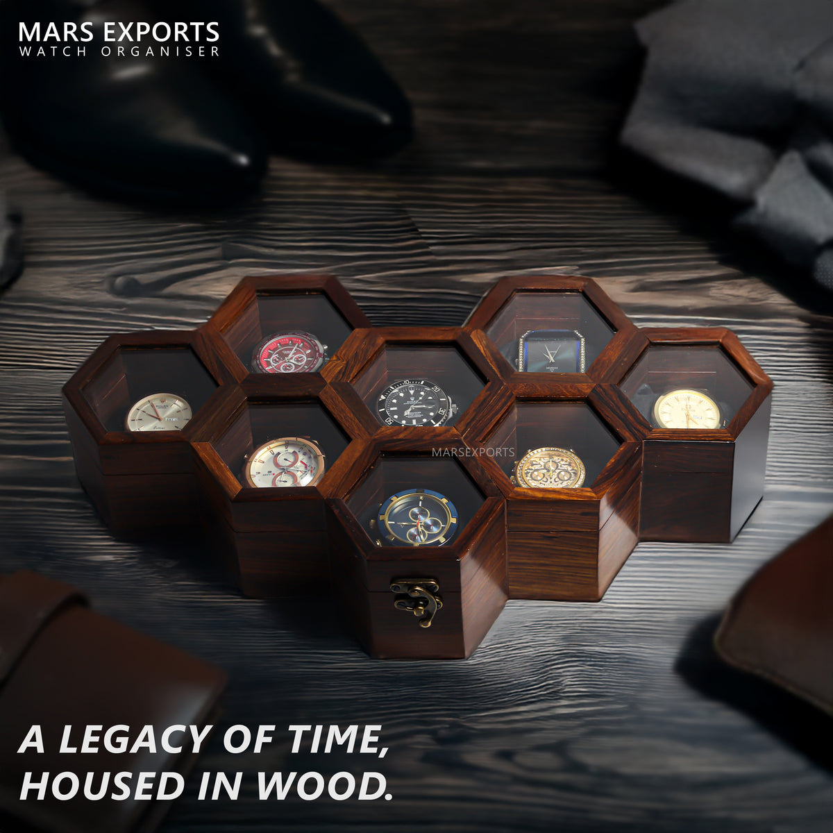 8 Slot Wooden Watch Display Case – Honeycomb Watch Organizer with Clear Covers & Soft Cushions, Brown