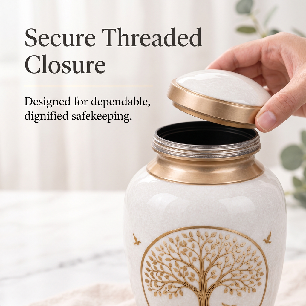 200 Cu In Large White Tree of Life Metal Urn for Adult Ashes – Gold Memorial Urn with Velvet Pouch
