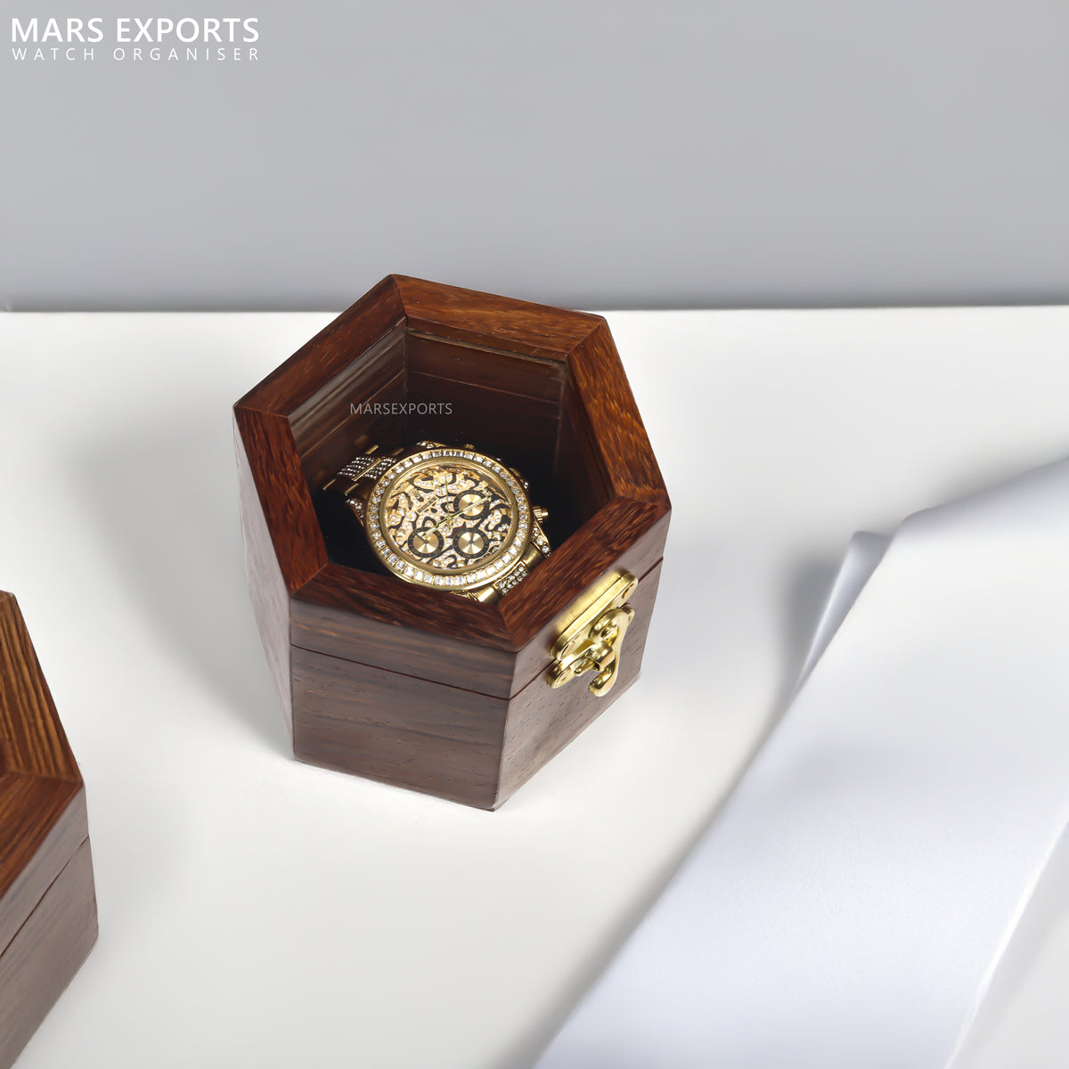 Single Watch Wooden Display Box – Hexagon Watch Storage Case with Clear Lid & Soft Cushion, Brown