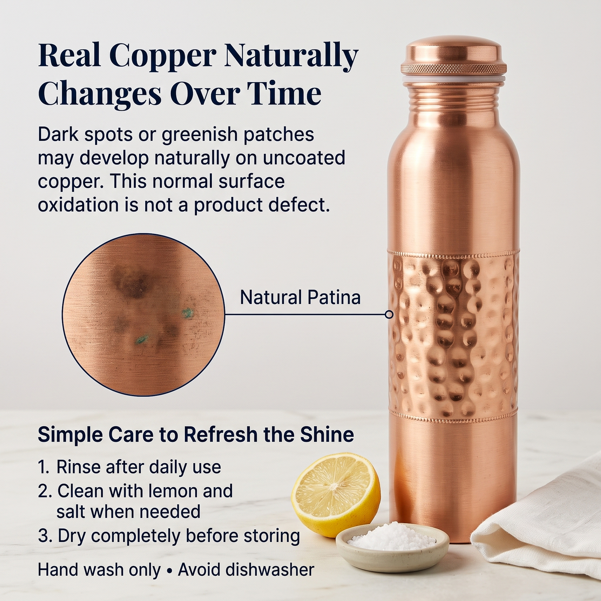 Copper Bottle with Canvas Carry Bag and Copper Straw – 950 ml / 32 oz (Centre Hammered)