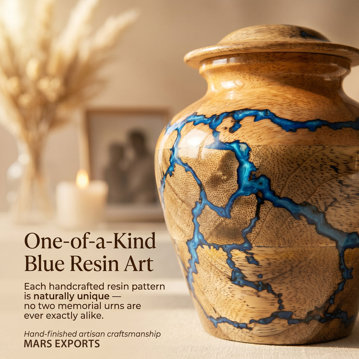 Blue resin wooden keepsake urn displayed for remembrance