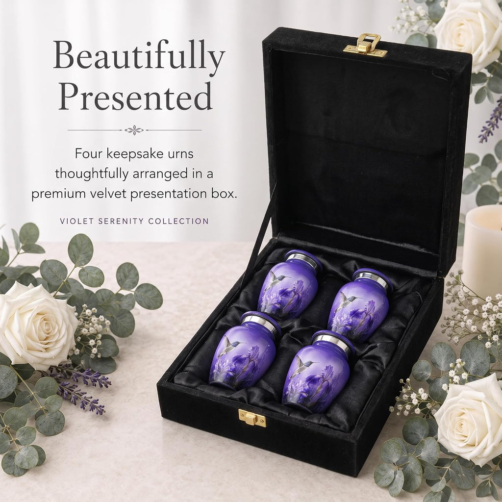 3 cu in Purple Hummingbird Memorial Keepsake Urns – Set of 4 Mini Metal Ash Urns with Floral Artwork, Velvet Box