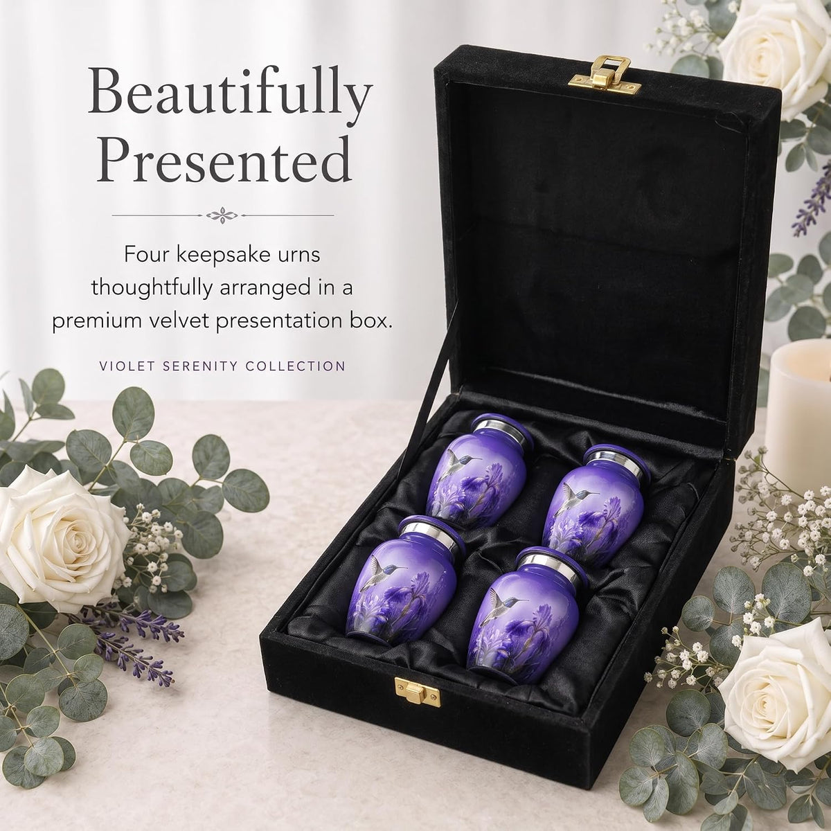 3 cu in Purple Hummingbird Memorial Keepsake Urns – Set of 4 Mini Metal Ash Urns with Floral Artwork, Velvet Box