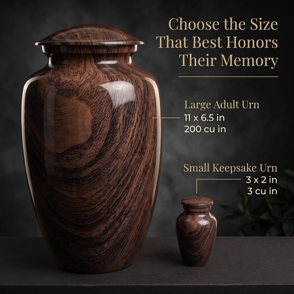 Large Woodgrain Metal Urn for Adult Ashes – Brown Memorial Cremation Urn - 200 Cu In