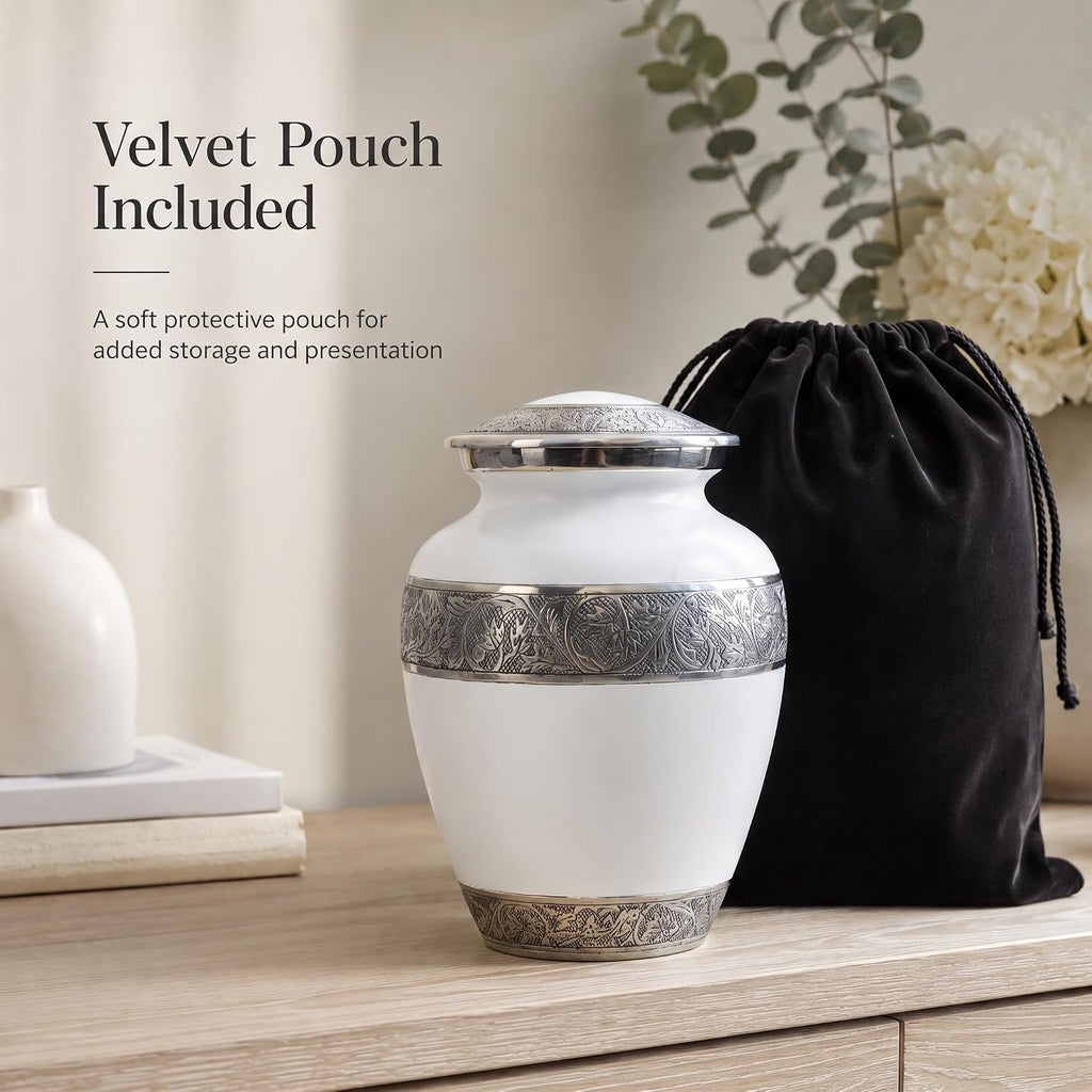 200 Cu In White & Silver Metal Urn for Adult Ashes – Engraved Floral Cremation Urn with Velvet Pouch