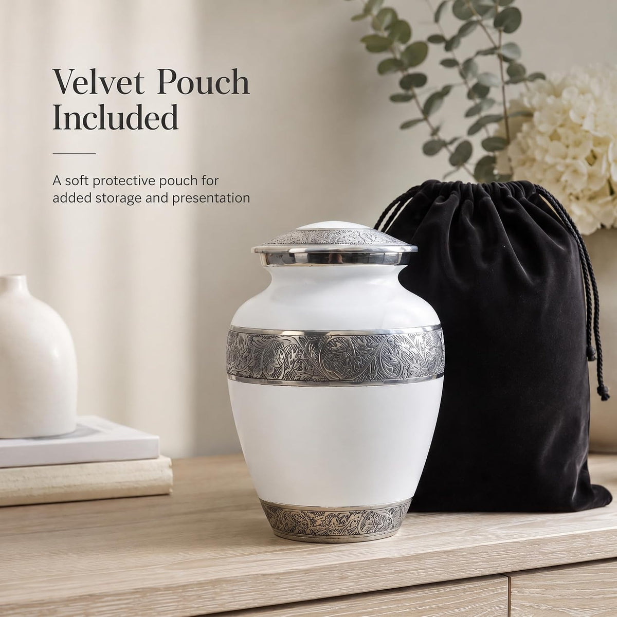 200 Cu In White & Silver Metal Urn for Adult Ashes – Engraved Floral Cremation Urn with Velvet Pouch