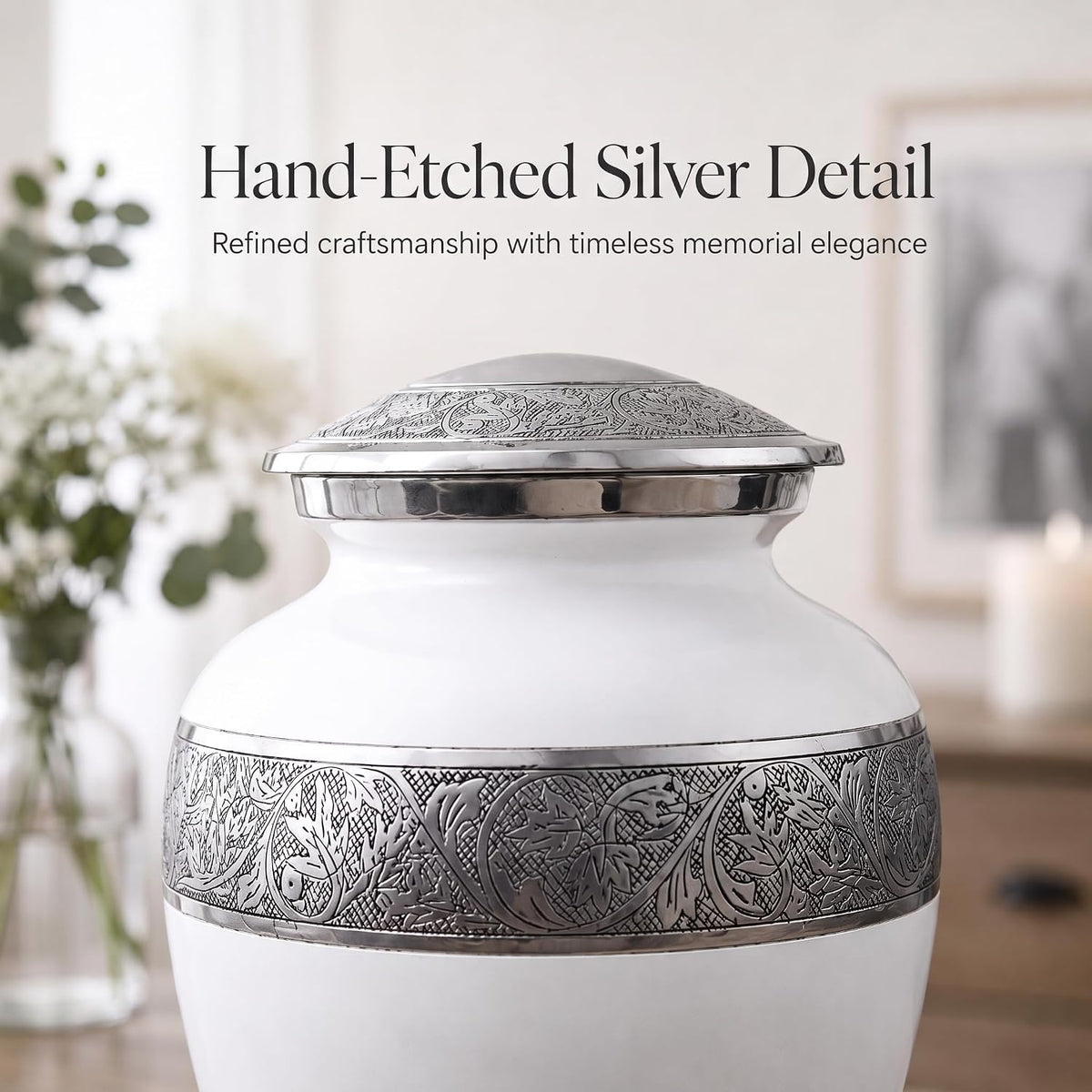 200 Cu In White & Silver Metal Urn for Adult Ashes – Engraved Floral Cremation Urn with Velvet Pouch