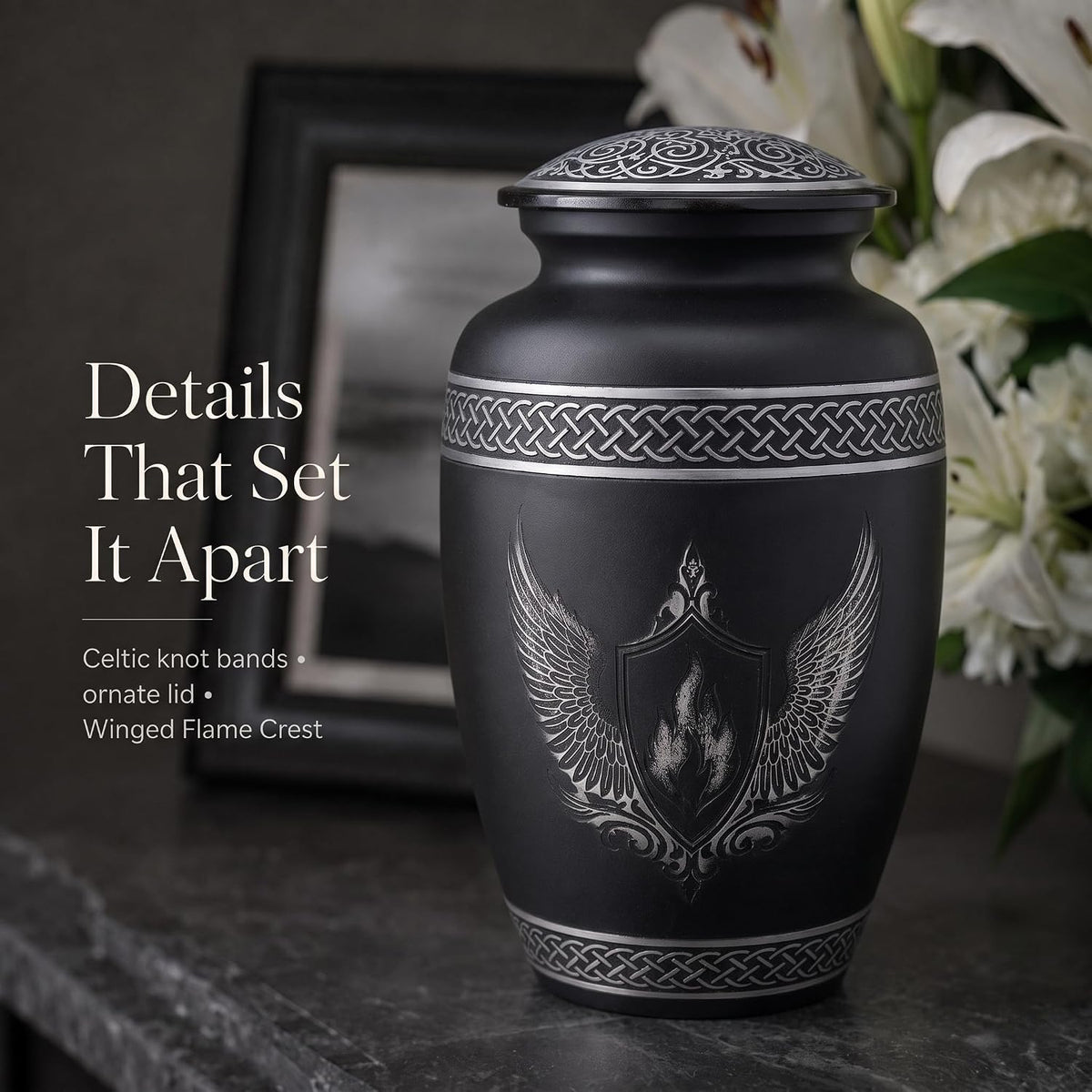 200 Cu In Black & Silver Metal Urn for Adult Ashes – Winged Shield Memorial Urn with Velvet Pouch