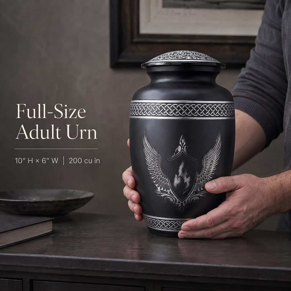 200 Cu In Black & Silver Metal Urn for Adult Ashes – Winged Shield Memorial Urn with Velvet Pouch