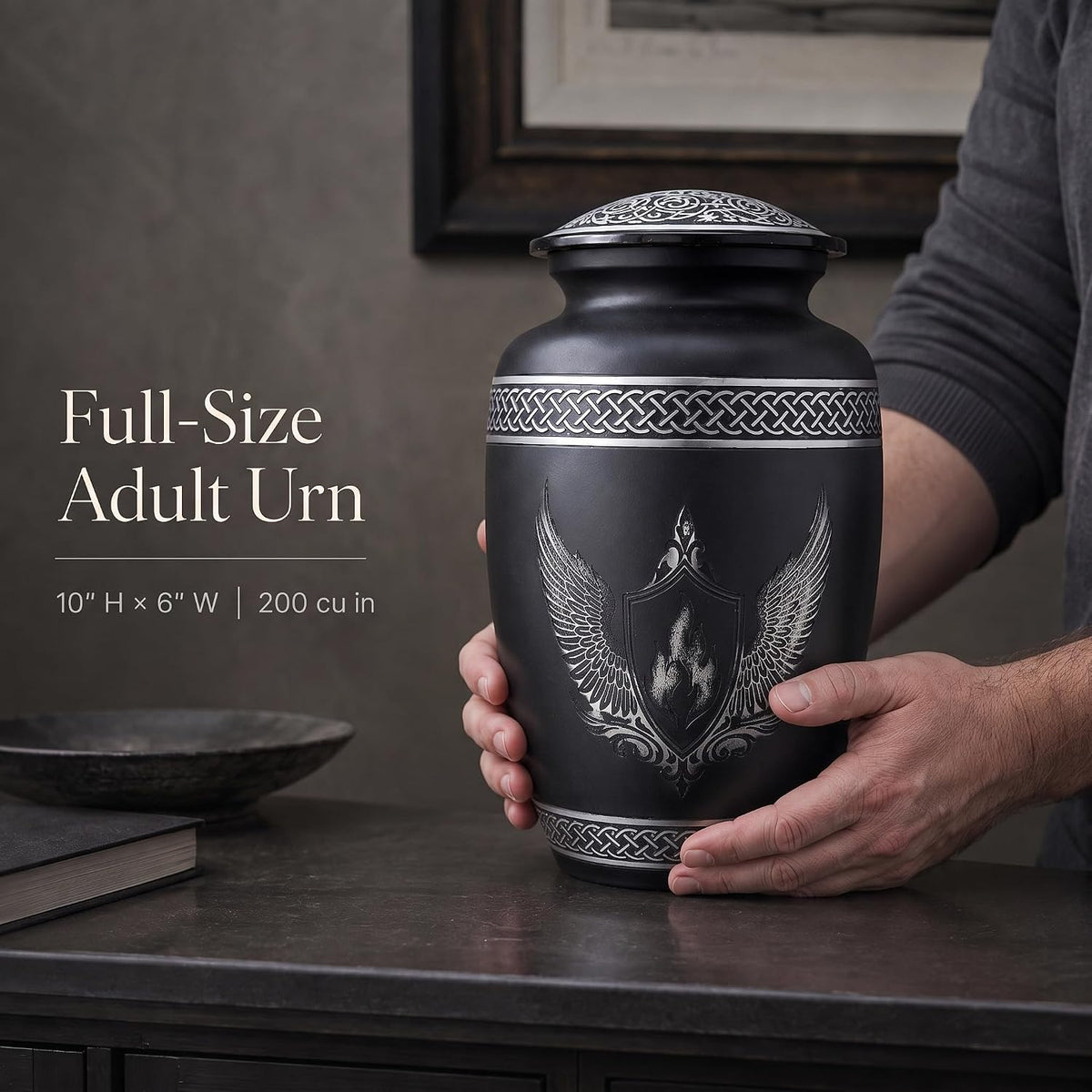 200 Cu In Black & Silver Metal Urn for Adult Ashes – Winged Shield Memorial Urn with Velvet Pouch