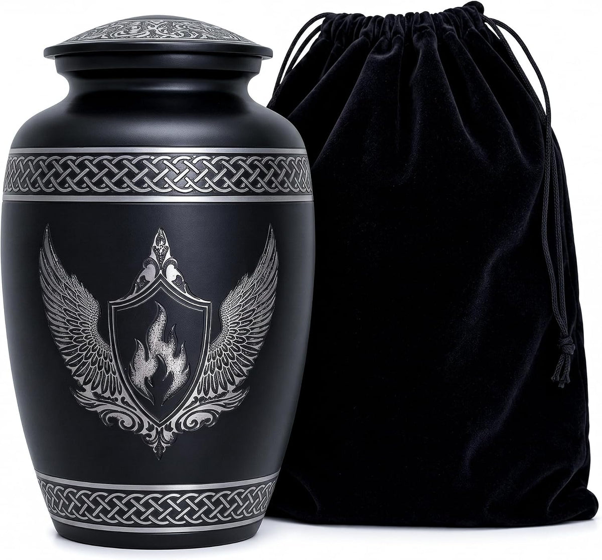200 Cu In Black & Silver Metal Urn for Adult Ashes – Winged Shield Memorial Urn with Velvet Pouch