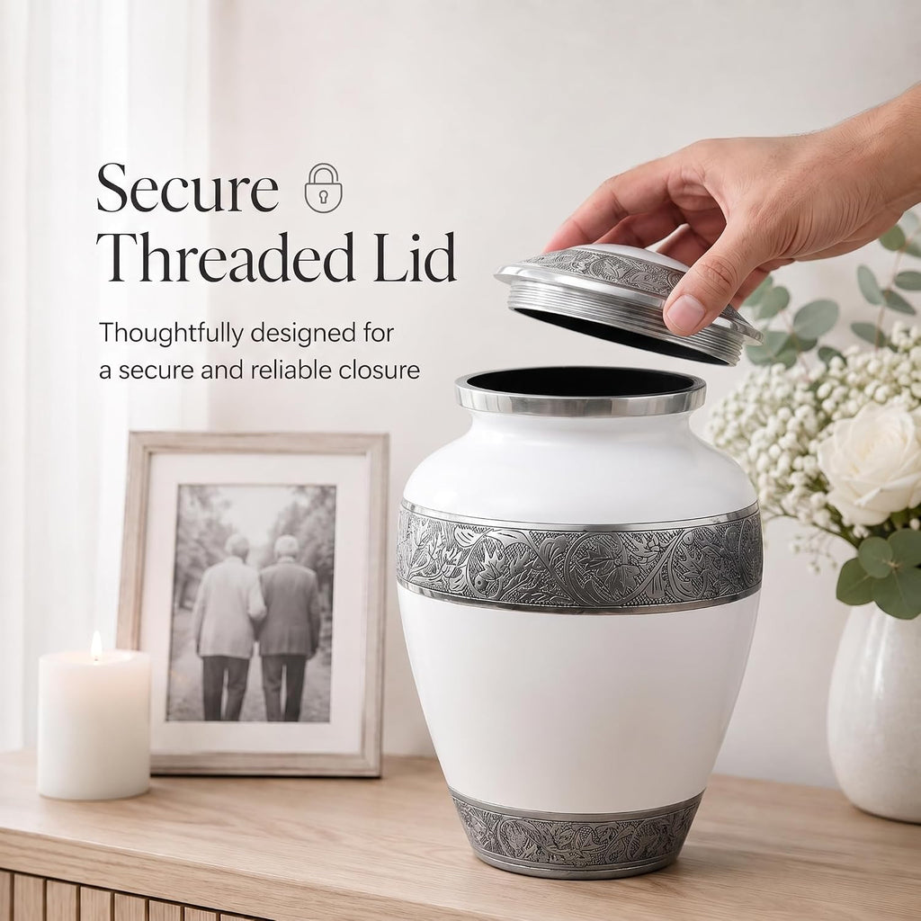 200 Cu In White & Silver Metal Urn for Adult Ashes – Engraved Floral Cremation Urn with Velvet Pouch