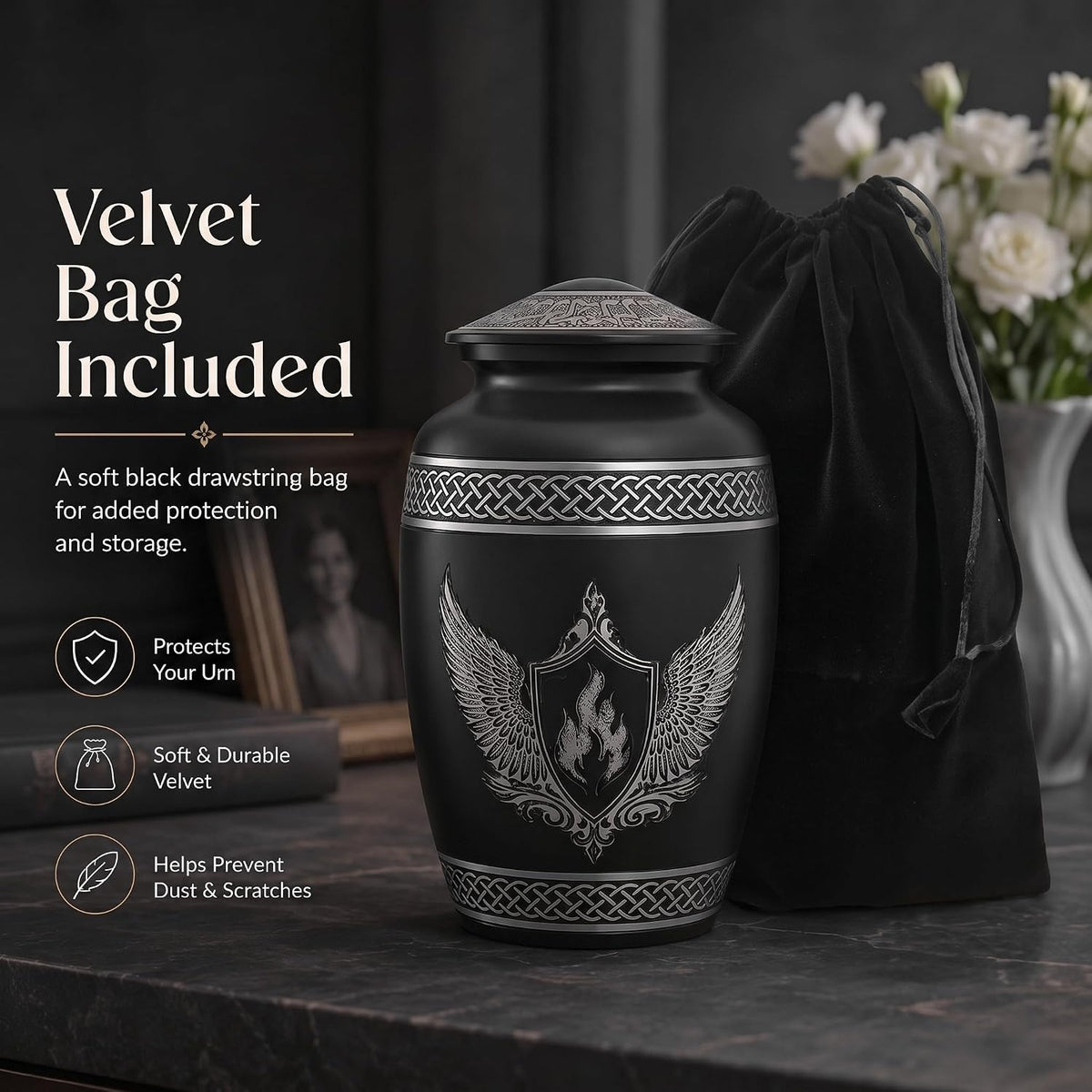 200 Cu In Black & Silver Metal Urn for Adult Ashes – Winged Shield Memorial Urn with Velvet Pouch