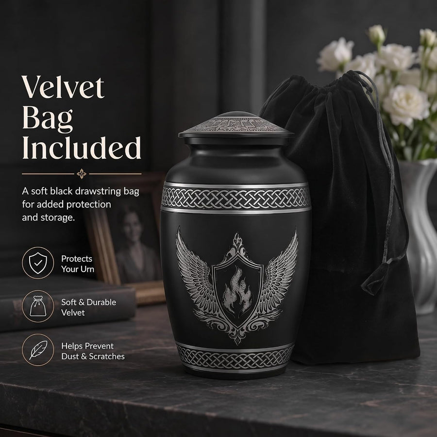 200 Cu In Black & Silver Metal Urn for Adult Ashes – Winged Shield Memorial Urn with Velvet Pouch