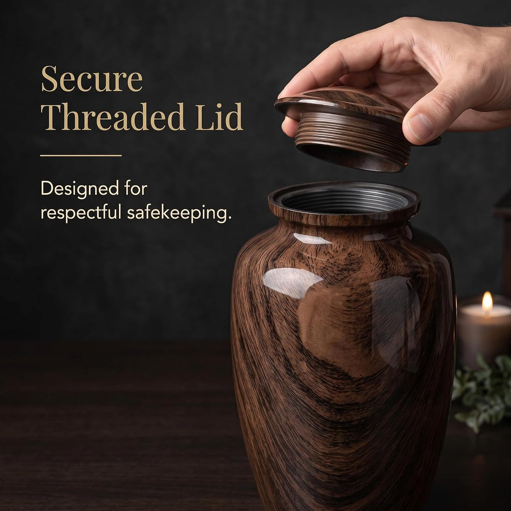 Large Woodgrain Metal Urn for Adult Ashes – Brown Memorial Cremation Urn - 200 Cu In