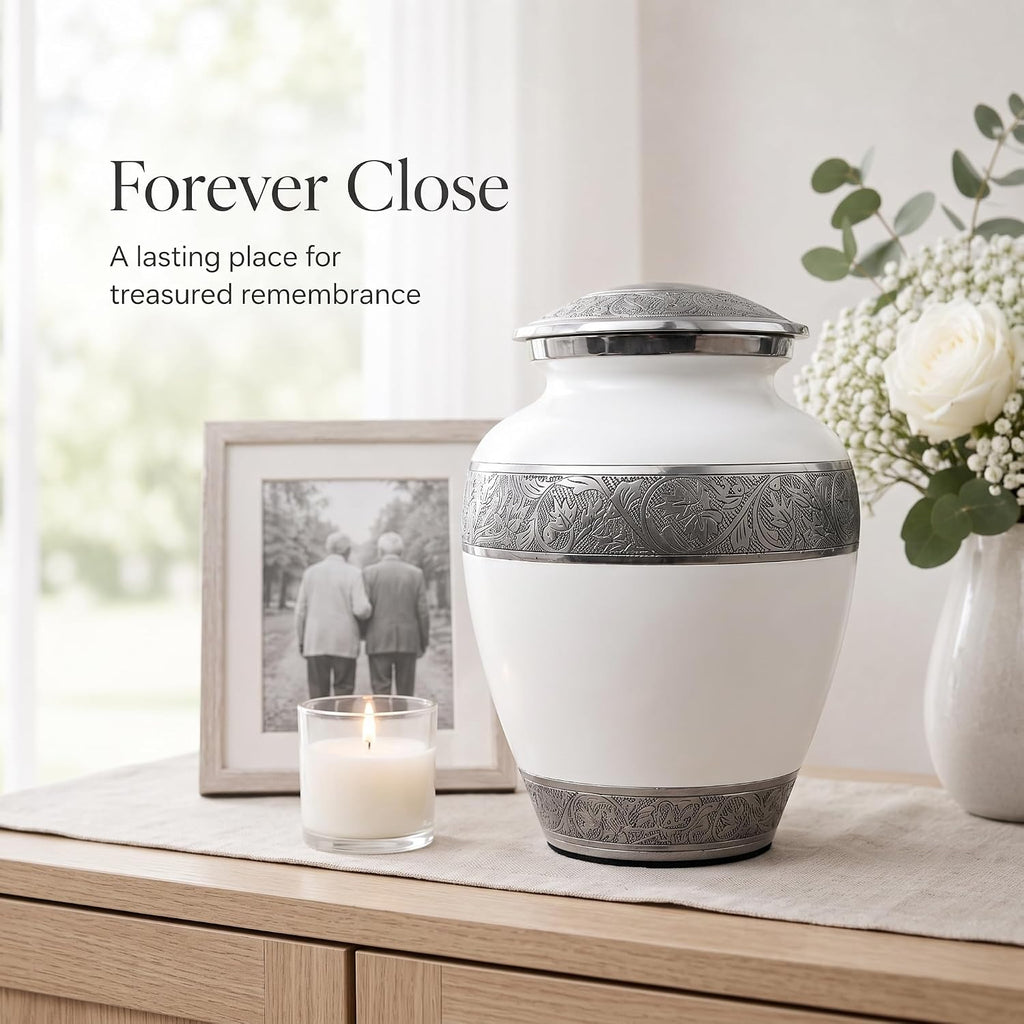 200 Cu In White & Silver Metal Urn for Adult Ashes – Engraved Floral Cremation Urn with Velvet Pouch