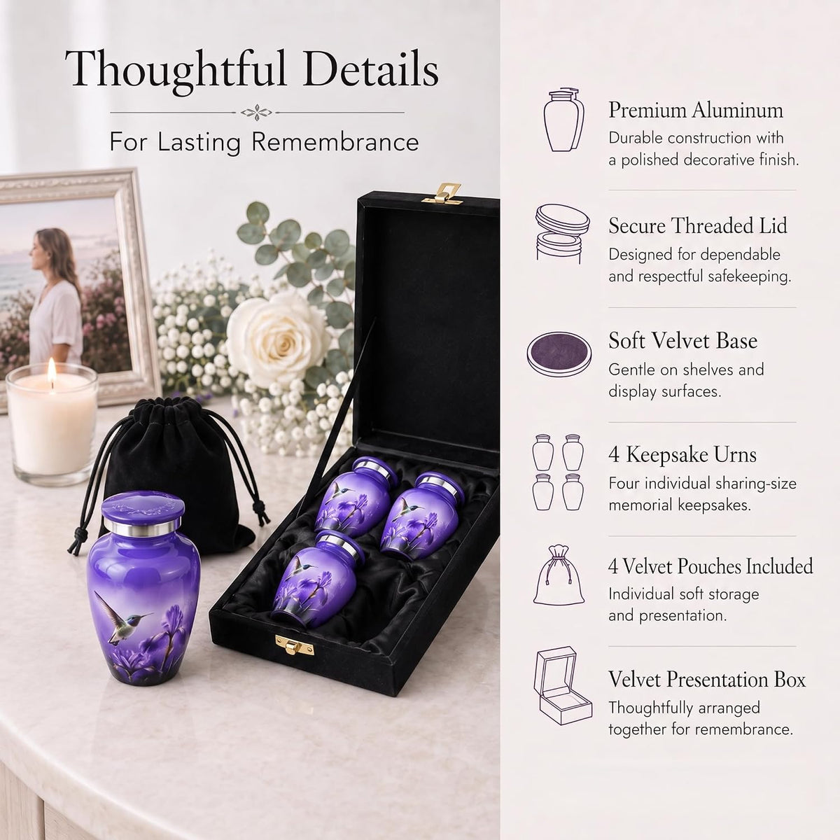 3 cu in Purple Hummingbird Memorial Keepsake Urns – Set of 4 Mini Metal Ash Urns with Floral Artwork, Velvet Box