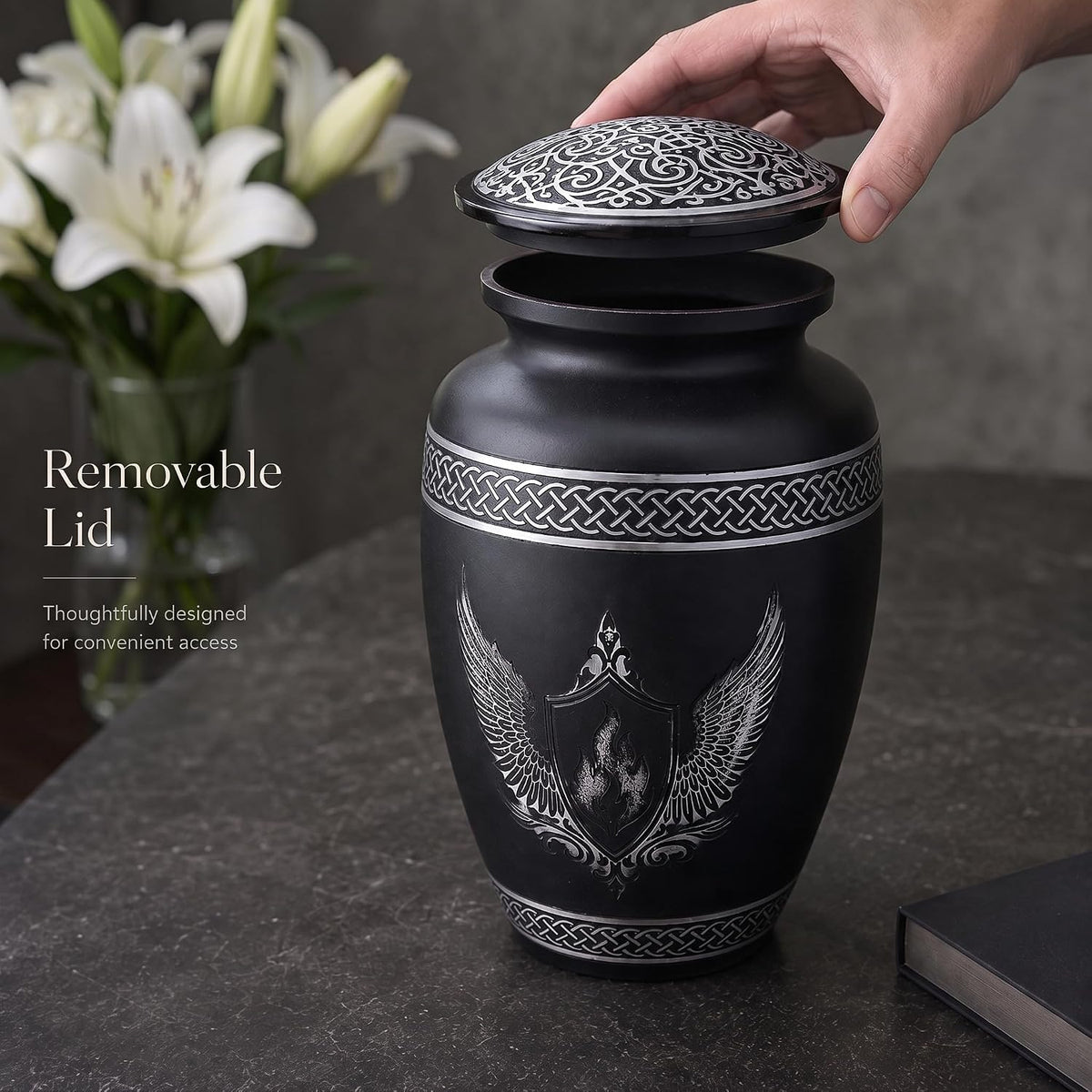 200 Cu In Black & Silver Metal Urn for Adult Ashes – Winged Shield Memorial Urn with Velvet Pouch