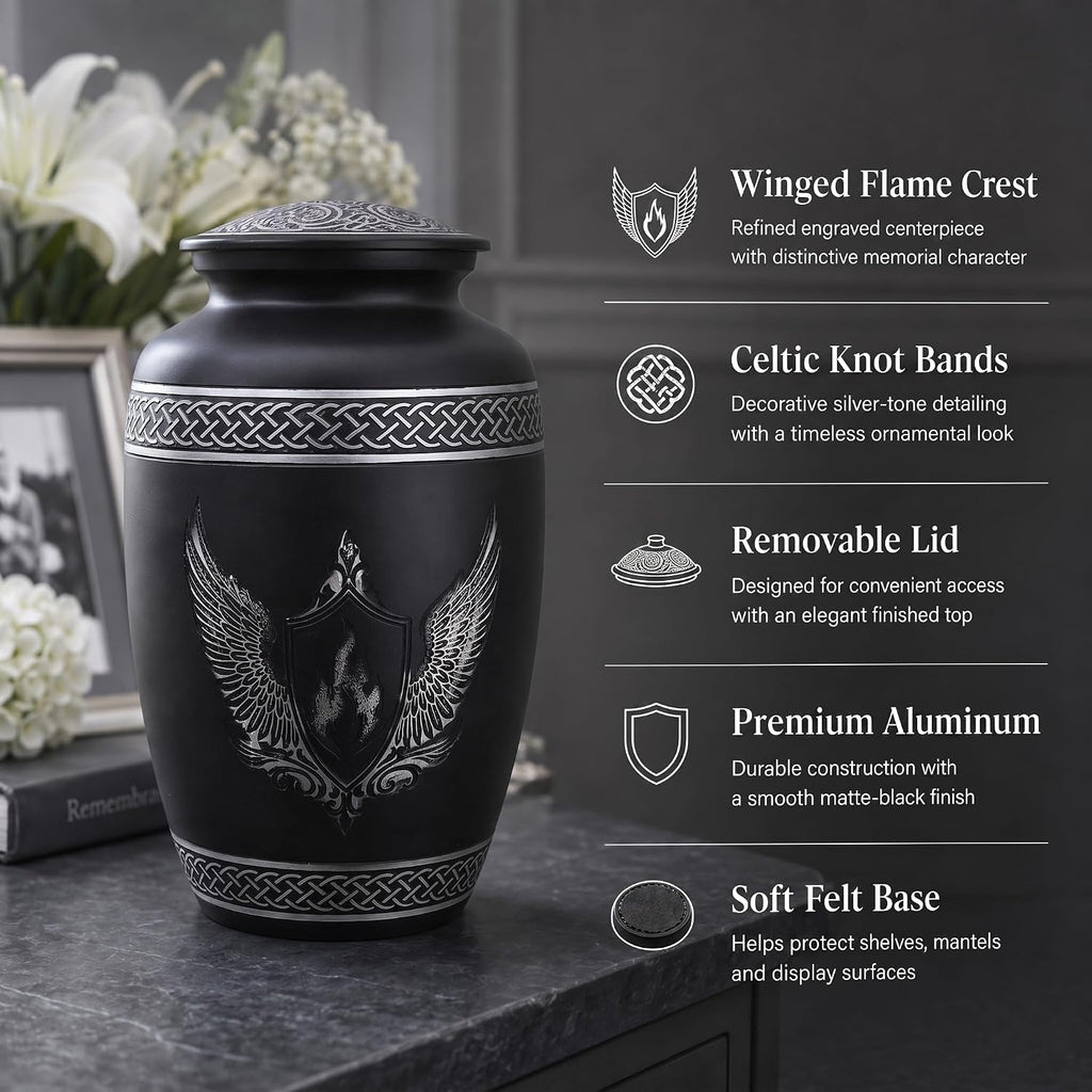 200 Cu In Black & Silver Metal Urn for Adult Ashes – Winged Shield Memorial Urn with Velvet Pouch