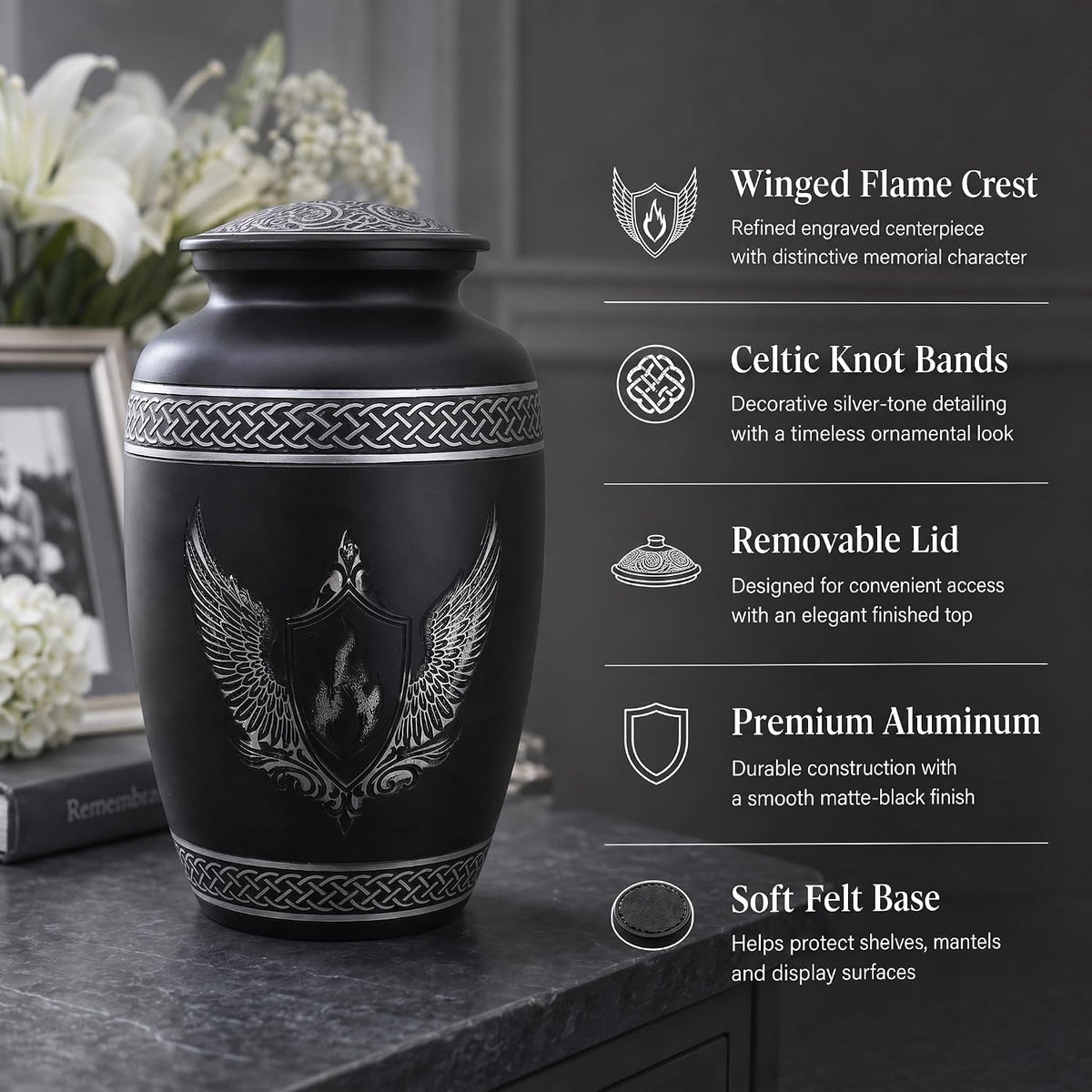 200 Cu In Black & Silver Metal Urn for Adult Ashes – Winged Shield Memorial Urn with Velvet Pouch