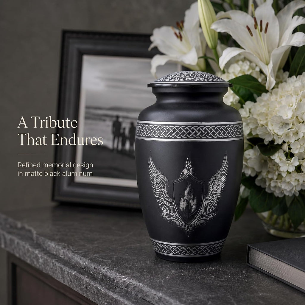 200 Cu In Black & Silver Metal Urn for Adult Ashes – Winged Shield Memorial Urn with Velvet Pouch