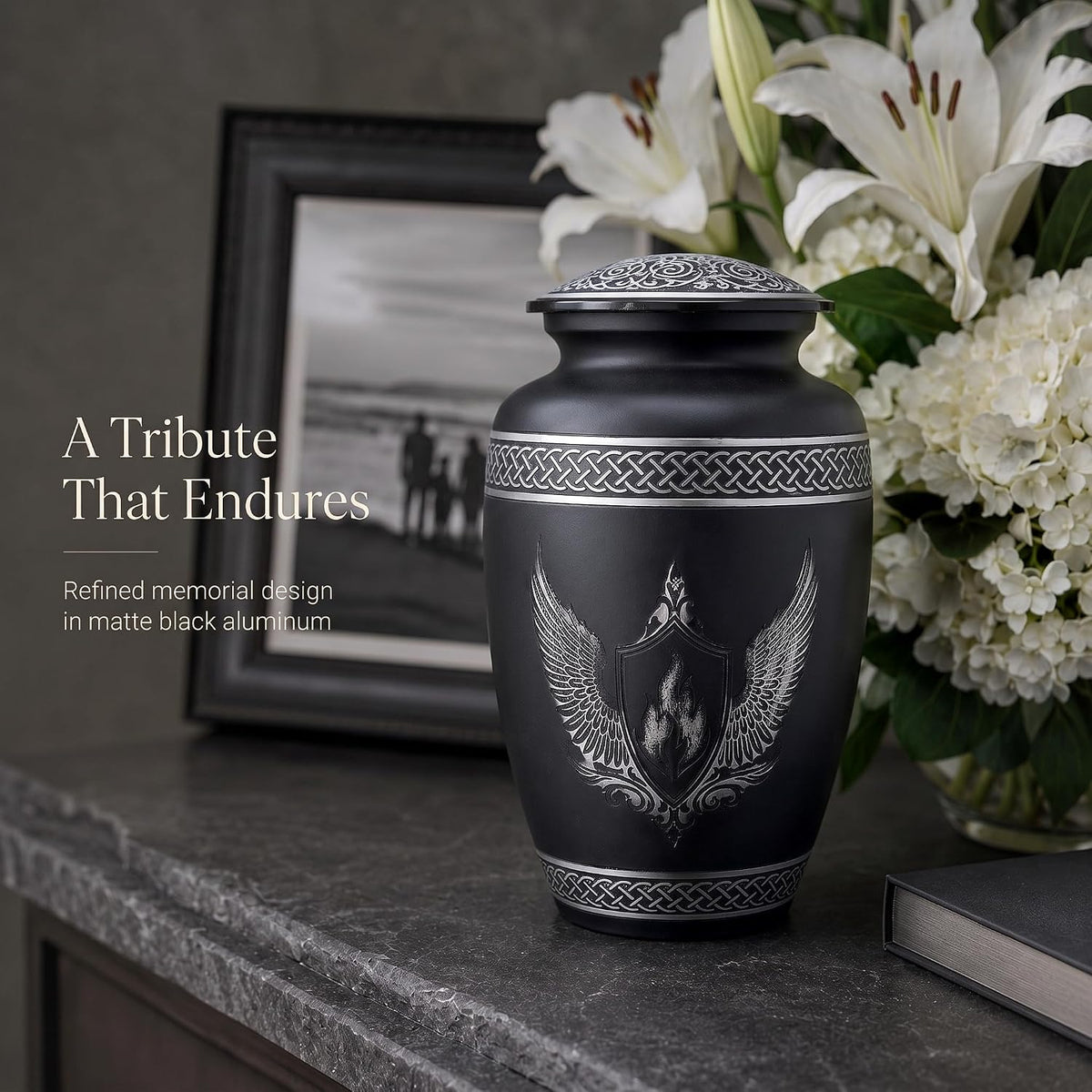 200 Cu In Black & Silver Metal Urn for Adult Ashes – Winged Shield Memorial Urn with Velvet Pouch