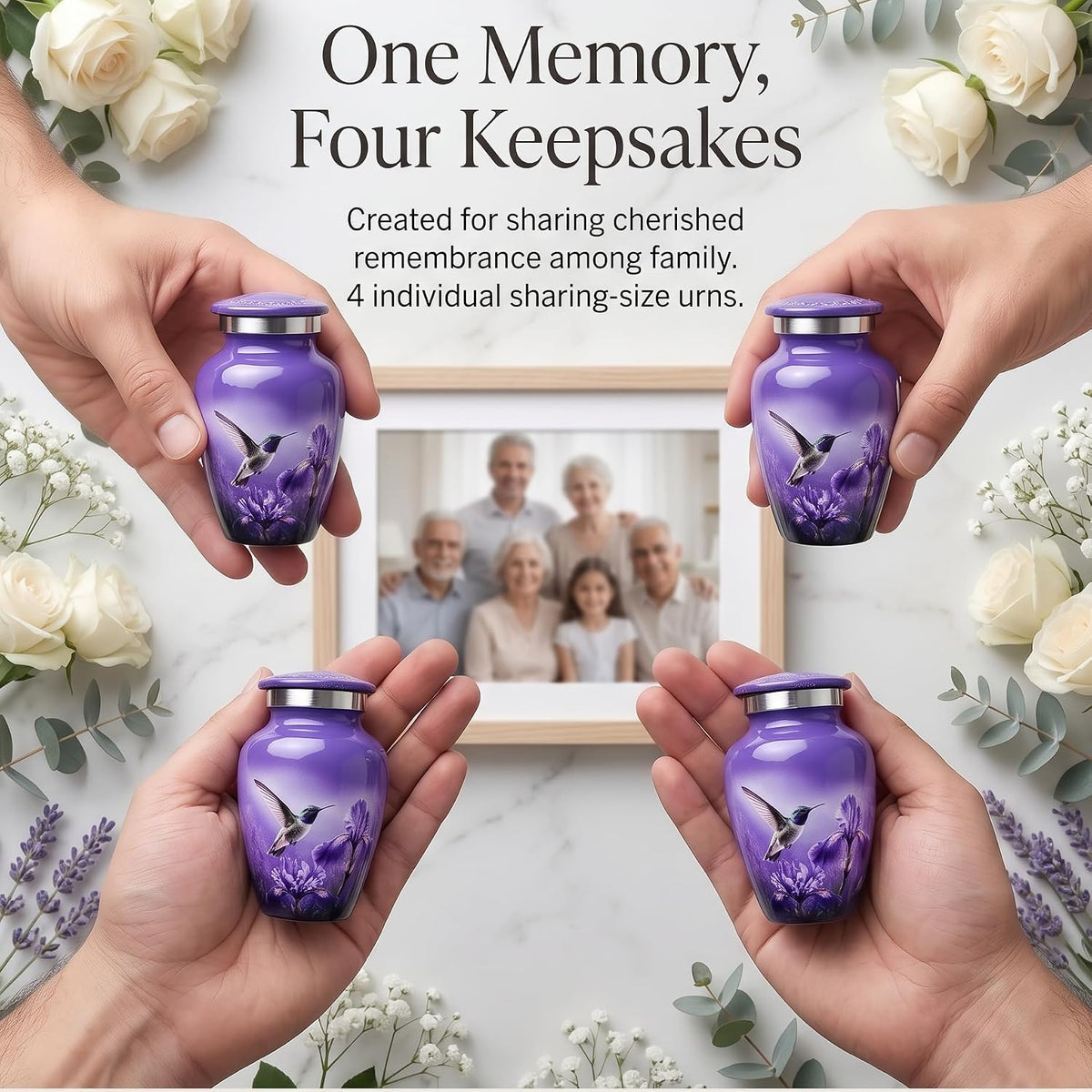 3 cu in Purple Hummingbird Memorial Keepsake Urns – Set of 4 Mini Metal Ash Urns with Floral Artwork, Velvet Box