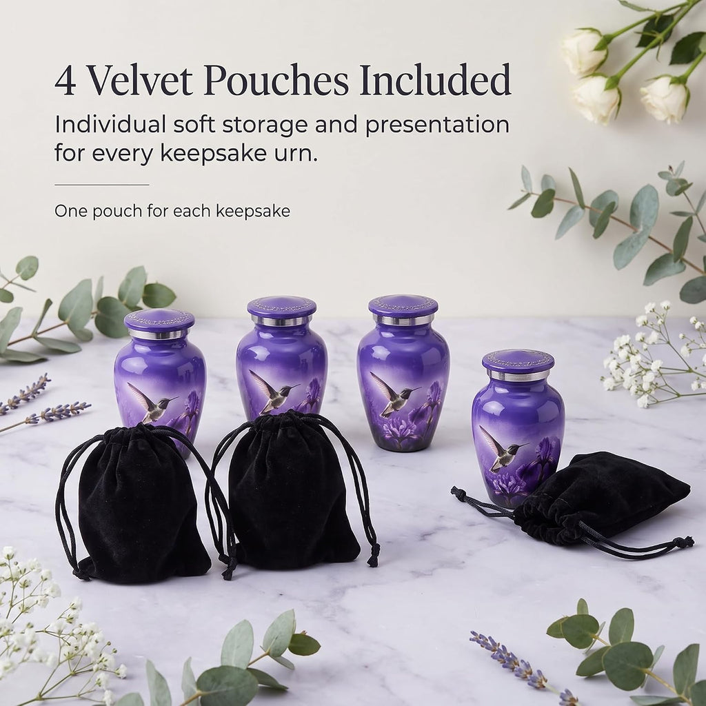 3 cu in Purple Hummingbird Memorial Keepsake Urns – Set of 4 Mini Metal Ash Urns with Floral Artwork, Velvet Box