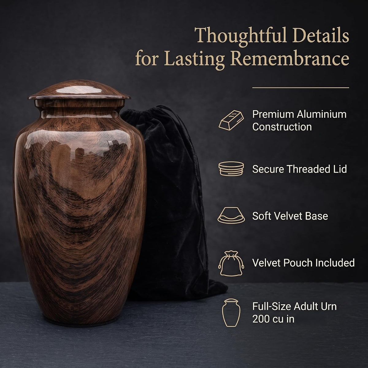 Large Woodgrain Metal Urn for Adult Ashes – Brown Memorial Cremation Urn - 200 Cu In