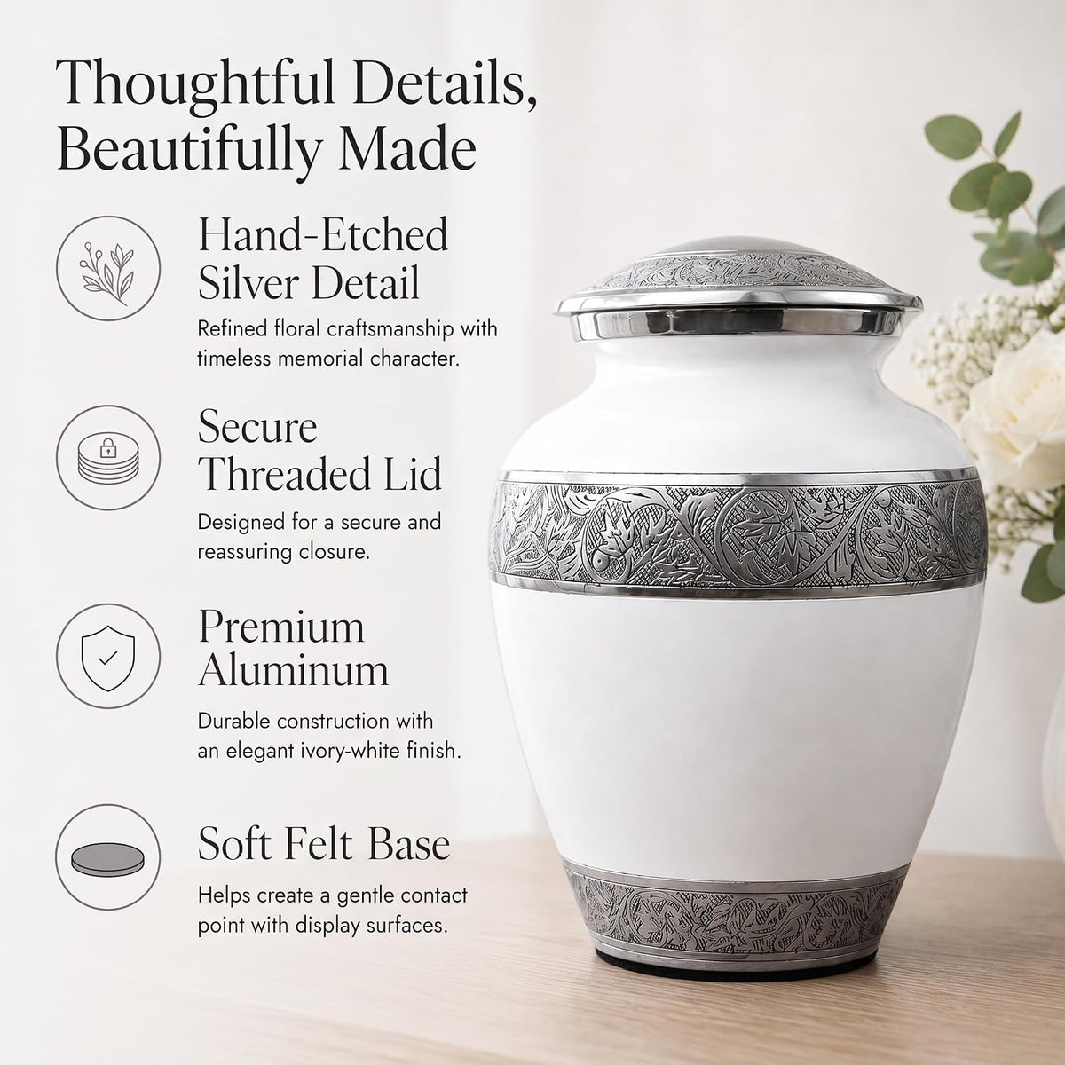 200 Cu In White & Silver Metal Urn for Adult Ashes – Engraved Floral Cremation Urn with Velvet Pouch