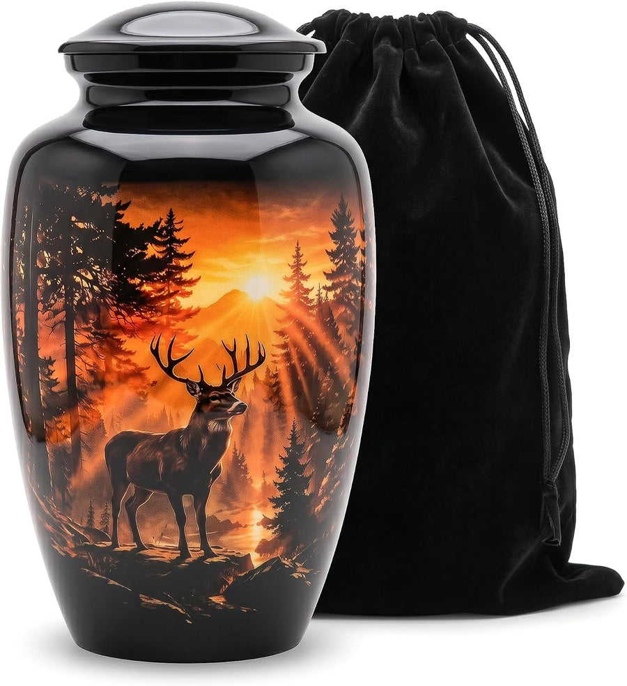 200 Cu In Large Black Deer Sunset Metal Urn for Adult Ashes – Forest Memorial Urn with Velvet Pouch