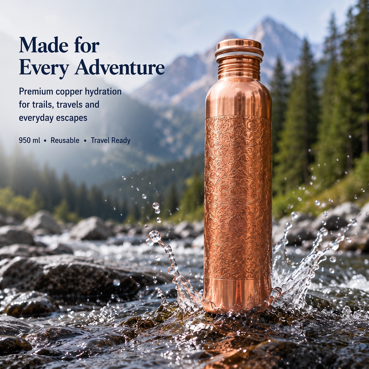 Floral Design Copper Bottle With Straw And Carry Canvas Bag – 950 ml / 32 oz