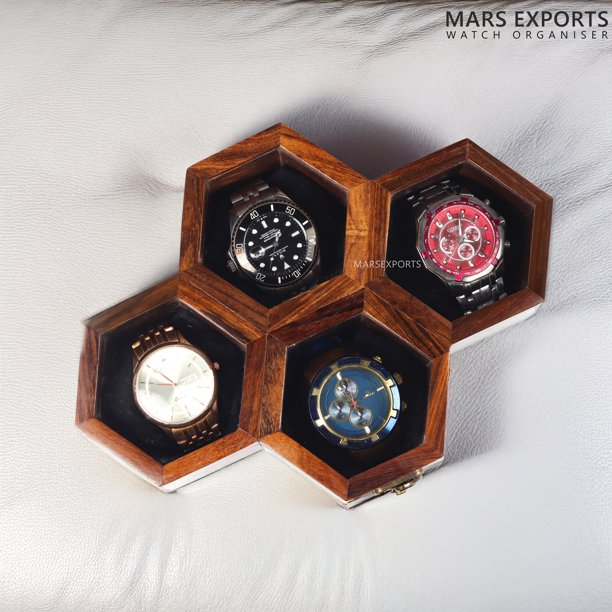 4 Slot Wooden Watch Box – Hexagon Display Case with Clear Lid & Soft Cushions, Brown