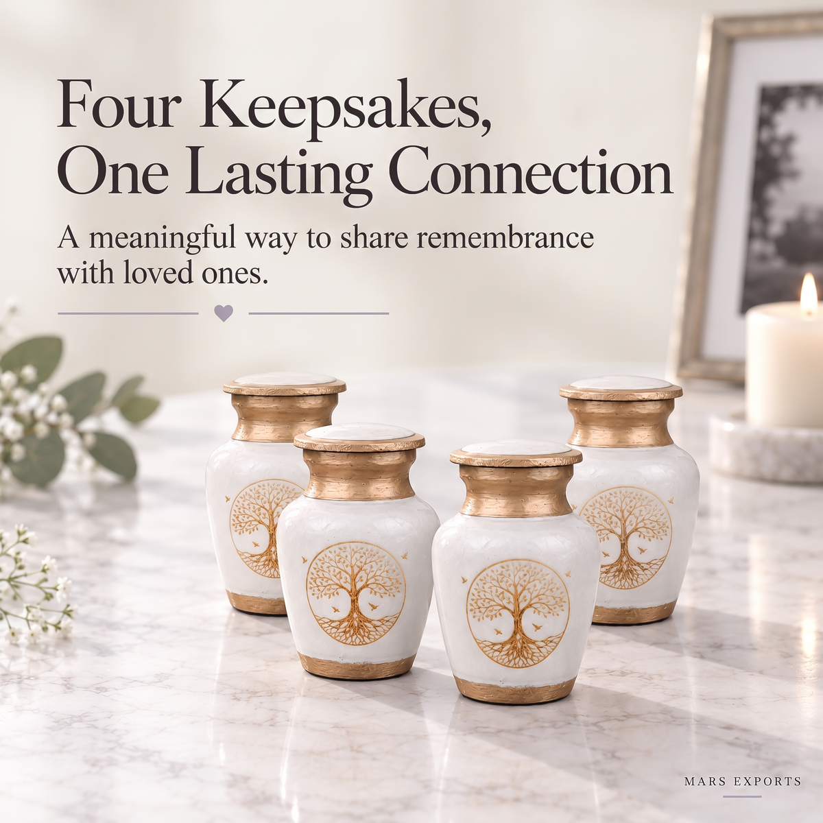 Set of 4 White Tree of Life Mini Keepsake Urns for Ashes – Metal Urns with Velvet Pouches & Box, 3 Cu In Each