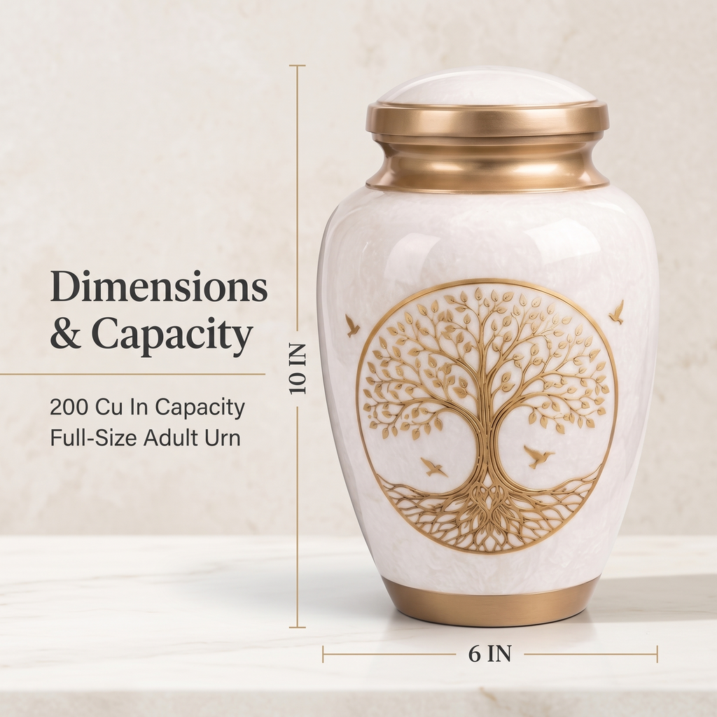 200 Cu In Large White Tree of Life Metal Urn for Adult Ashes – Gold Memorial Urn with Velvet Pouch