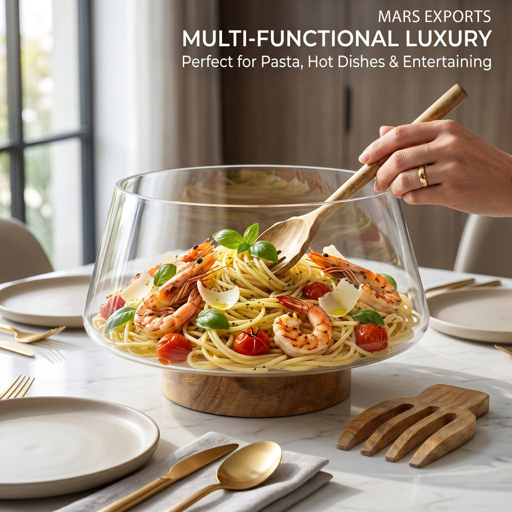 Large Glass Salad Bowl with Mango Wood Base & Serving Spoon – 10 Inch Clear Serving Bowl for Salads, Fruit & Entertaining