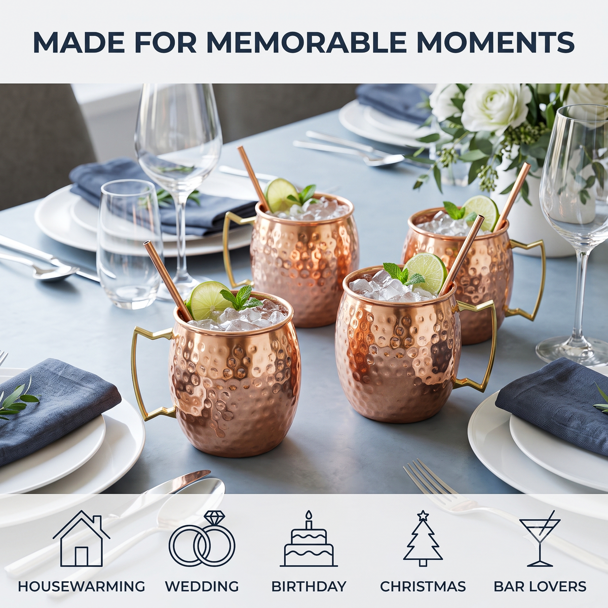 Hammered Pure Copper Moscow Mule Mugs with Straws – Set of 4, 16 oz