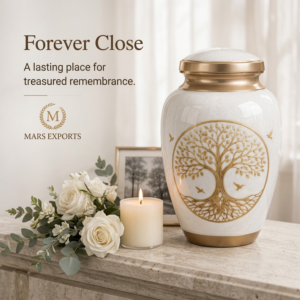 200 Cu In Large White Tree of Life Metal Urn for Adult Ashes – Gold Memorial Urn with Velvet Pouch