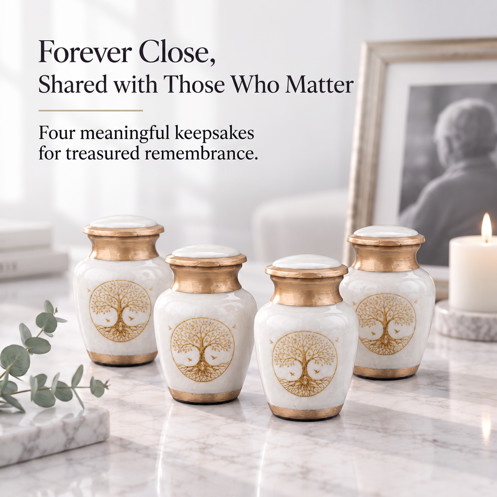 Set of 4 White Tree of Life Mini Keepsake Urns for Ashes – Metal Urns with Velvet Pouches & Box, 3 Cu In Each
