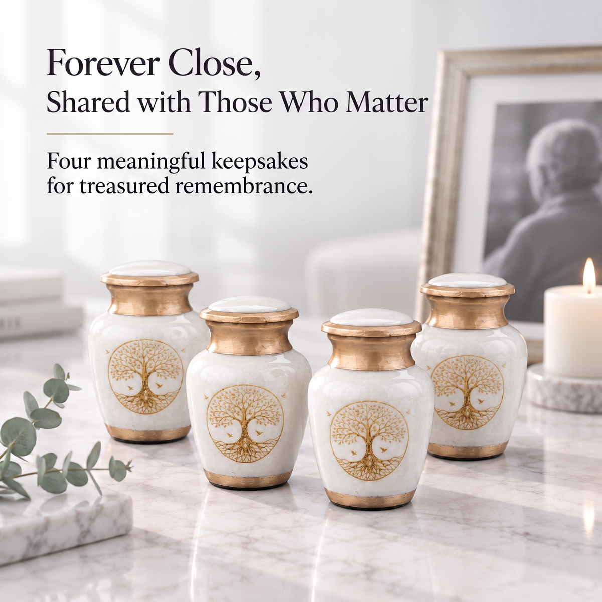 Set of 4 White Tree of Life Mini Keepsake Urns for Ashes – Metal Urns with Velvet Pouches & Box, 3 Cu In Each