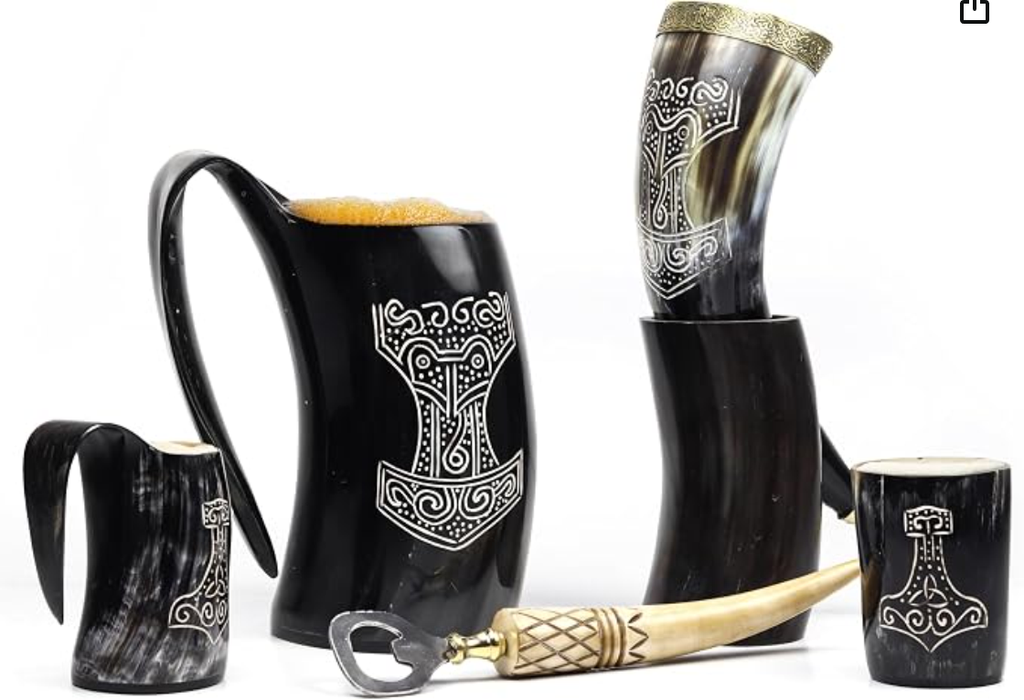 Handcrafted polished natural ox horn Viking mug with unique colour bands and grain