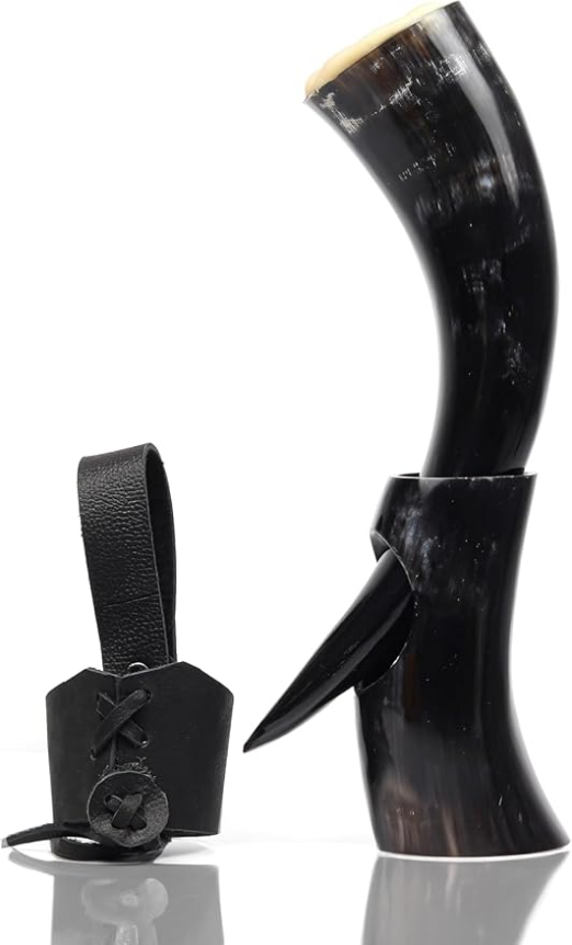 MARS EXPORTS natural black Viking drinking horn with stand and leather holster