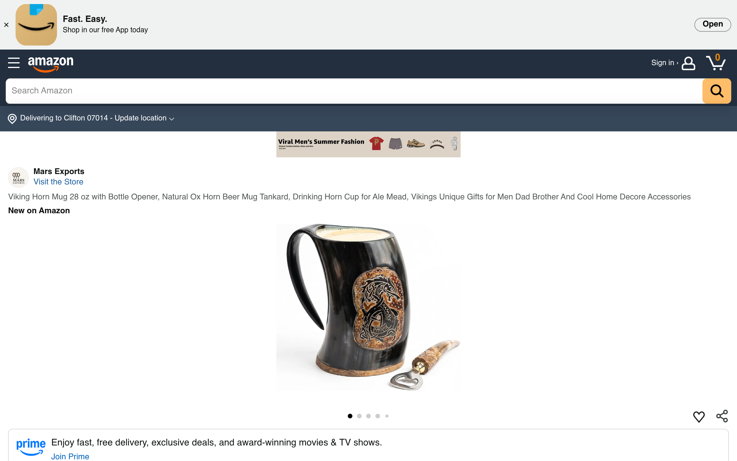 MARS EXPORTS 28 oz natural ox horn Viking beer mug with bottle opener