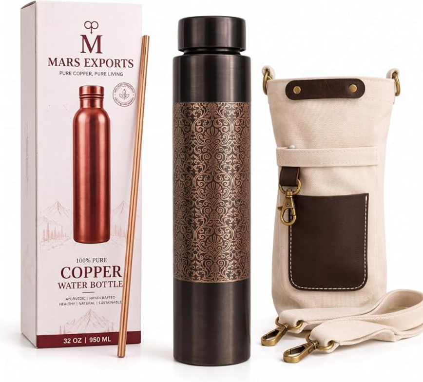MARS EXPORTS Floral Black Antique copper bottle 950 ml
