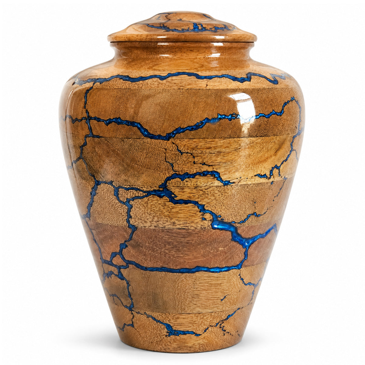 250 cubic inch wooden memorial urn with blue resin design
