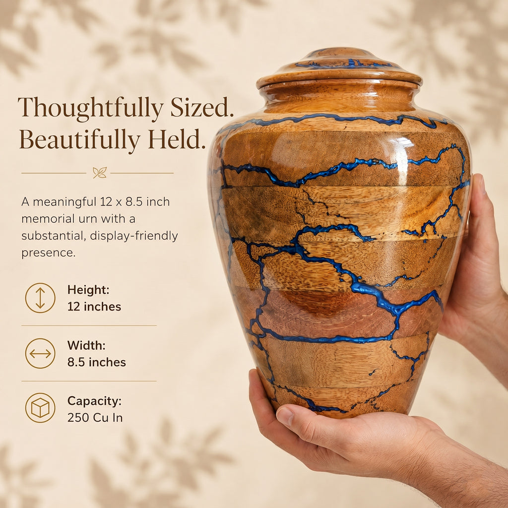 Handcrafted wooden urn with distinctive blue resin lightning inlay