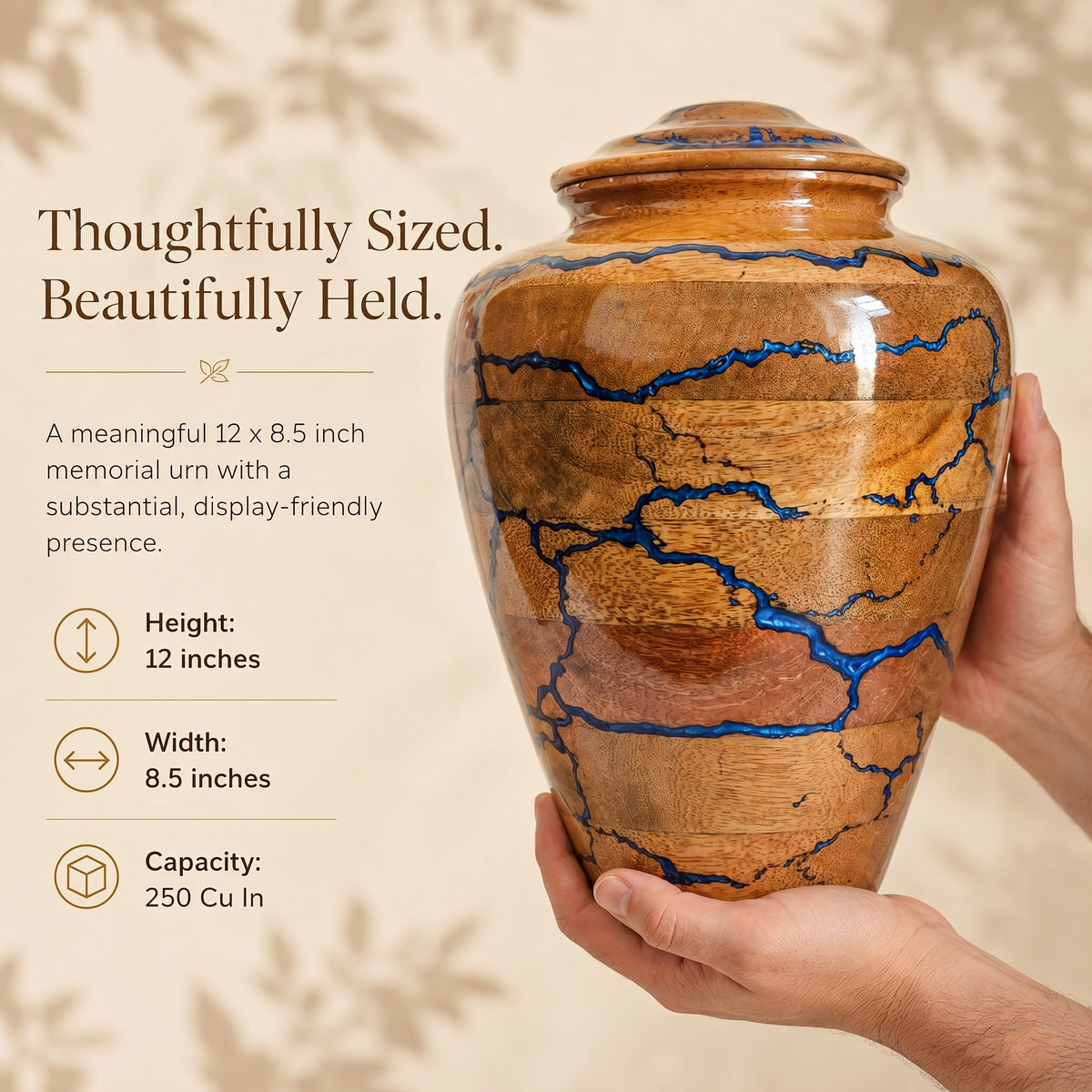 Handcrafted wooden urn with distinctive blue resin lightning inlay
