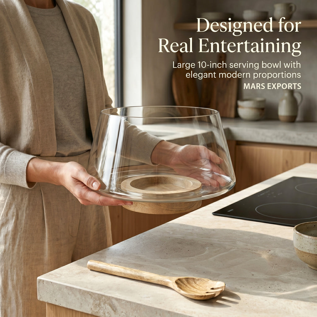 Large Glass Salad Bowl with Mango Wood Base & Serving Spoon – 10 Inch Clear Serving Bowl for Salads, Fruit & Entertaining